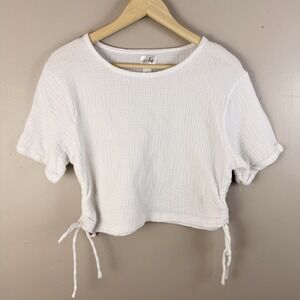 Just Be Womens 2X White Cotton Gauze Drawstring Crop Top Boho Beach